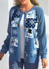 Blue tops,Christmas tops,ROTITA Patchwork Christmas Print Blue Round Neck Cardigan