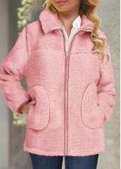Pink plus size,Plain Color plus size,ROTITA Plus Size Plush Pink Turn Down Collar Long Sleeve Coat