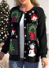 Black plus size,Christmas plus size,ROTITA Plus Size Patchwork Christmas Print Black Long Sleeve Coat