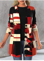 ROTITA Button Geometric Print Red Long Sleeve Cardigan