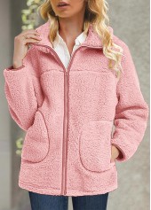 ROTITA Plus Size Plush Pink Turn Down Collar Long Sleeve Coat