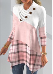 Pink plus size,Plaid plus size,ROTITA Plus Size Plaid Pink Asymmetrical Neck Long Sleeve Sweatshirt