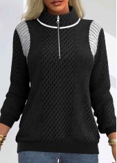 ROTITA Patchwork Black Stand Collar Long Sleeve Sweatshirt
