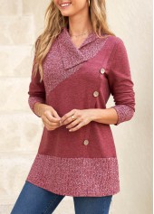 Dark Reddish Purple tops,Plain Color tops,ROTITA Button Dark Reddish Purple V Neck Sweatshirt
