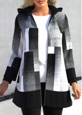 ROTITA Patchwork Geometric Print Black Hooded Long Sleeve Coat