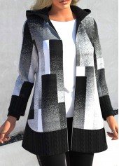 Black outerwear & coats,Geometric outerwear & coats,ROTITA Patchwork Geometric Print Black Hooded Long Sleeve Coat
