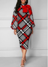 ROTITA Bowknot Houndstooth Print Red Turtleneck Dress