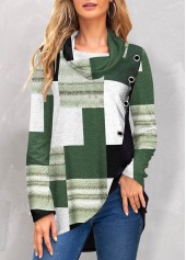 Green tops,Geometric tops,ROTITA Patchwork Geometric Print Green Cowl Neck Sweatshirt