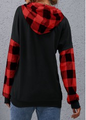 Black tops,Plaid tops,Geometric tops,Pocket Plaid Black Long Sleeve Hoodie