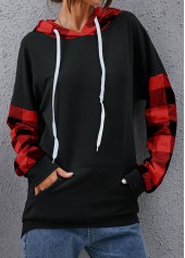 Pocket Plaid Black Long Sleeve Hoodie