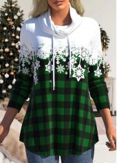 Green plus size,Ombre plus size,Christmas plus size,Plaid plus size,ROTITA Plus Size Drawstring Snowflake Print Green Cowl Neck Sweatshirt