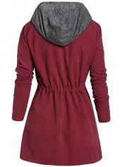 Wine Red plus size,Contrast Color plus size,Plus Size Drawstring Wine Red Hooded Coat
