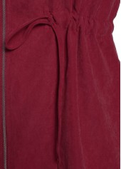 Wine Red plus size,Contrast Color plus size,Plus Size Drawstring Wine Red Hooded Coat