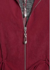 Wine Red plus size,Contrast Color plus size,Plus Size Drawstring Wine Red Hooded Coat