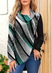 Green tops,Striped tops,Geometric tops,ROTITA Patchwork Geometric Print Green Cowl Neck Sweatshirt