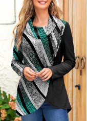 ROTITA Patchwork Geometric Print Green Cowl Neck Sweatshirt