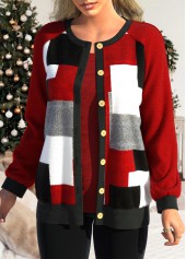 Red tops,Contrast Color tops,Geometric tops,ROTITA Button Up Red Patchwork Long Sleeve Cardigan