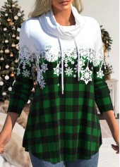 Green plus size,Ombre plus size,Christmas plus size,Plaid plus size,ROTITA Plus Size Drawstring Snowflake Print Green Cowl Neck Sweatshirt