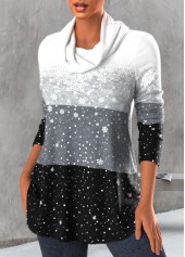 Grey tops,Ombre tops,Dot tops,Contrast Color tops,Geometric tops,ROTITA Snowflake Print Grey Cowl Neck Long Sleeve Sweatshirt