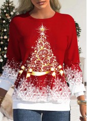 ROTITA Christmas Tree Print Red Round Neck Sweatshirt