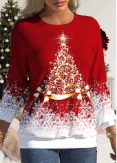 Red tops,Christmas tops,Ombre tops,ROTITA Christmas Tree Print Red Round Neck Sweatshirt