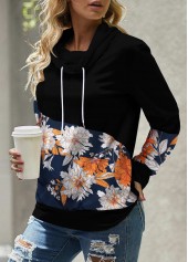 Pocket Floral Print Black Cowl Neck Sweatshirt