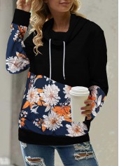 Black tops,Floral tops,Pocket Floral Print Black Cowl Neck Sweatshirt