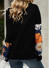 Black tops,Floral tops,Pocket Floral Print Black Cowl Neck Sweatshirt