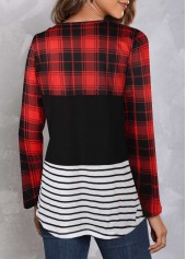 Red tops,Plaid tops,Striped tops,Patchwork Plaid Red Round Neck T Shirt