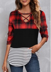 Patchwork Plaid Red Round Neck T Shirt