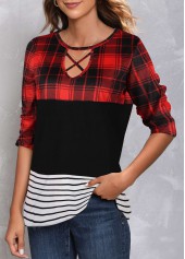 Red tops,Plaid tops,Striped tops,Patchwork Plaid Red Round Neck T Shirt