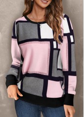 Light Pink tops,Geometric tops,Striped tops,ROTITA Hot Drilling Geometric Print Light Pink Sweatshirt