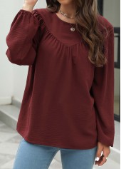 Wine Red Round Neck Long Sleeve Blouse