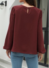 Wine Red tops,Plain Color tops,Wine Red Round Neck Long Sleeve Blouse
