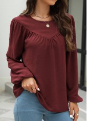 Wine Red tops,Plain Color tops,Wine Red Round Neck Long Sleeve Blouse