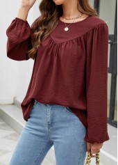 Wine Red tops,Plain Color tops,Wine Red Round Neck Long Sleeve Blouse