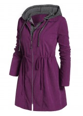 Violet plus size,Contrast Color plus size,Plus Size Drawstring Violet Hooded Long Sleeve Coat