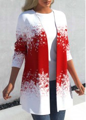 Red outerwear & coats,Christmas outerwear & coats,Ombre outerwear & coats,ROTITA Christmas Snowflake Print Long Sleeve Red Coat