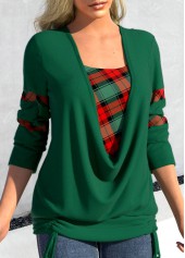 Blackish Green tops,Plaid tops,Geometric tops,ROTITA Drawstring Plaid Blackish Green Square Neck Sweatshirt