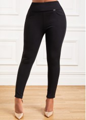 Black bottoms,Plain Color bottoms,Elastic Waist Black Pocket Skinny Pants