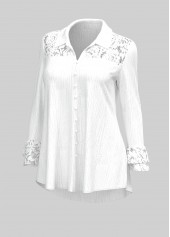 White plus size,Plain Color plus size,ROTITA Plus Size Lace Stitching Turndown Collar White Blouse