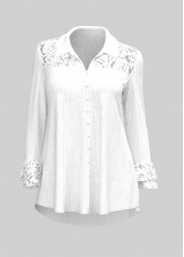 White plus size,Plain Color plus size,ROTITA Plus Size Lace Stitching Turndown Collar White Blouse