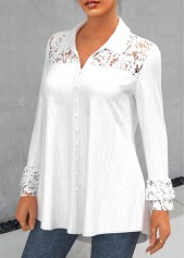 White plus size,Plain Color plus size,ROTITA Plus Size Lace Stitching Turndown Collar White Blouse