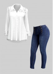White plus size,Plain Color plus size,ROTITA Plus Size Lace Stitching Turndown Collar White Blouse