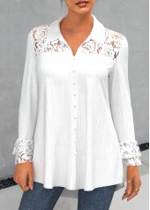 ROTITA Plus Size Lace Stitching Turndown Collar White Blouse