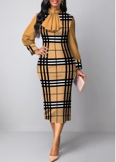 ROTITA Plus Size Patchwork Plaid Light Camel Stand Collar Bodycon Dress