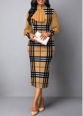 Light Camel plus size,Plaid plus size,Striped plus size,Geometric plus size,ROTITA Plus Size Patchwork Plaid Light Camel Stand Collar Bodycon Dress