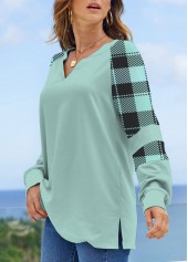 Mint Green plus size,Plaid plus size,Striped plus size,Geometric plus size,ROTITA Plus Size Split Mint Green Plaid Sweatshirt