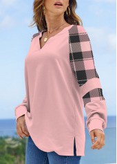 Light Pink plus size,Plaid plus size,Striped plus size,Geometric plus size,ROTITA Plus Size Split Light Pink Plaid Sweatshirt