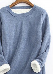 Dusty Blue tops,Contrast Color tops,Plush Dusty Blue Round Neck T Shirt